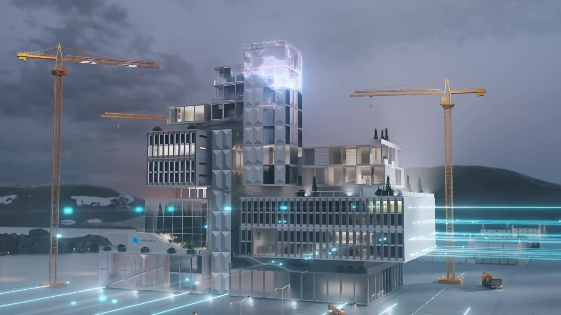 Nornickel IT Platform — Cranes and stacked modules turn the platform into a building.
